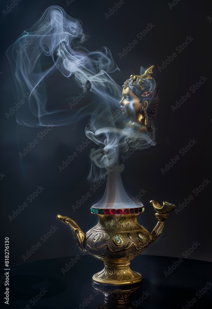 A magic golden lamp with smoke in shape of Arabian golden princess rising from it, emitting her face. It is placed on a black table against a dark background. Mystical scene. Illustration for decor or A magic golden lamp with smoke in shape of Arabian golden princess rising from it, emitting her face. It is placed on a black table against a dark background. Mystical scene. Illustration for decor or