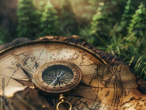 A vintage compass atop an old map in a forest setting, symbolizing adventure, exploration, and navigation in nature. photo