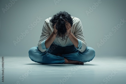 Seated man with head down appearing defeated photo