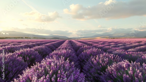 Beautiful lavender field at sunset with mountains in the background. Lush purple flowers creating a serene and picturesque landscape.