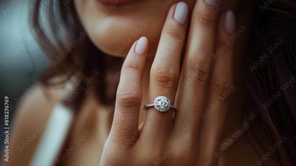 Close-up of a woman's hand adorned with an elegant engagement diamond ring Close-up of a woman's hand adorned with an elegant engagement diamond ring