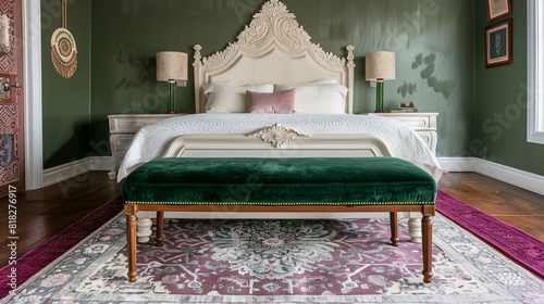 Timeless art deco bedroom interior with a front view of a forest green velvet bench, an ivory carved headboard, and a magenta runner rug.