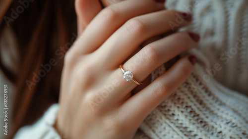 Close-up of a woman s hand adorned with an elegant engagement diamond ring