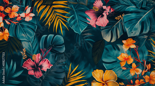 Vibrant and detailed illustration of tropical yelllow and pink flowers like plumeria, hibiscus, or orchids in various colors, set against dark blue leaves.  photo