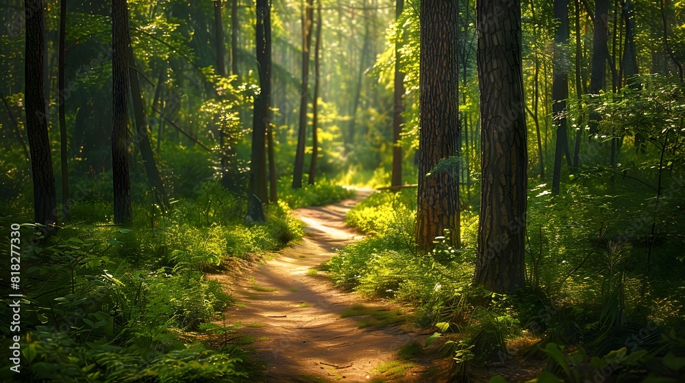 A winding forest path meanders through towering trees, dappled sunlight filtering through the lush canopy to create a tranquil retreat from the heat of the day.