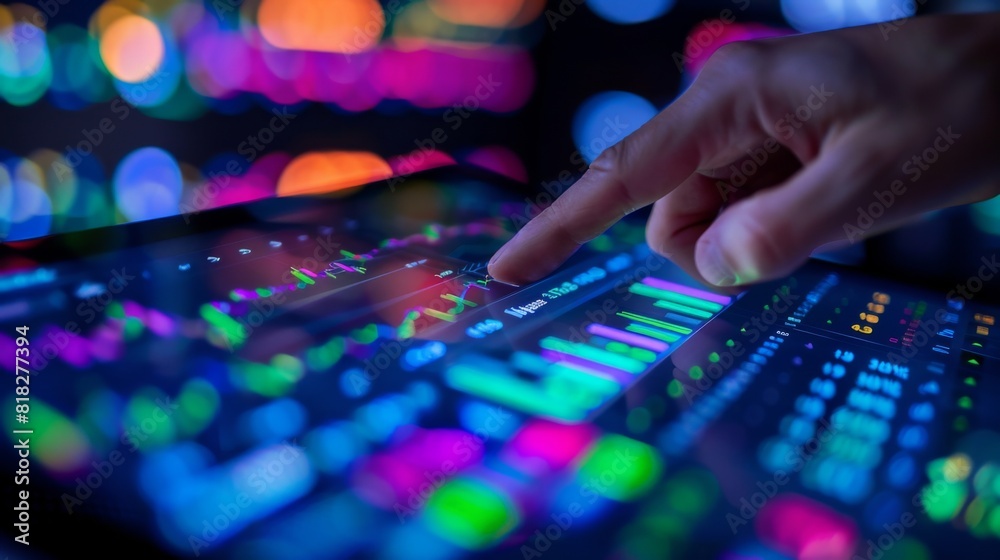 Obraz premium Hand pointing at a tablet screen with stock market data, held in front of a stock exchange background