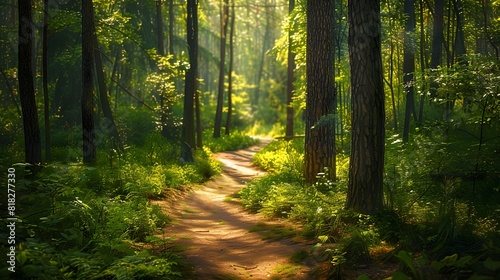 A winding forest path meanders through towering trees, dappled sunlight filtering through the lush canopy to create a tranquil retreat from the heat of the day. © Ai Artist