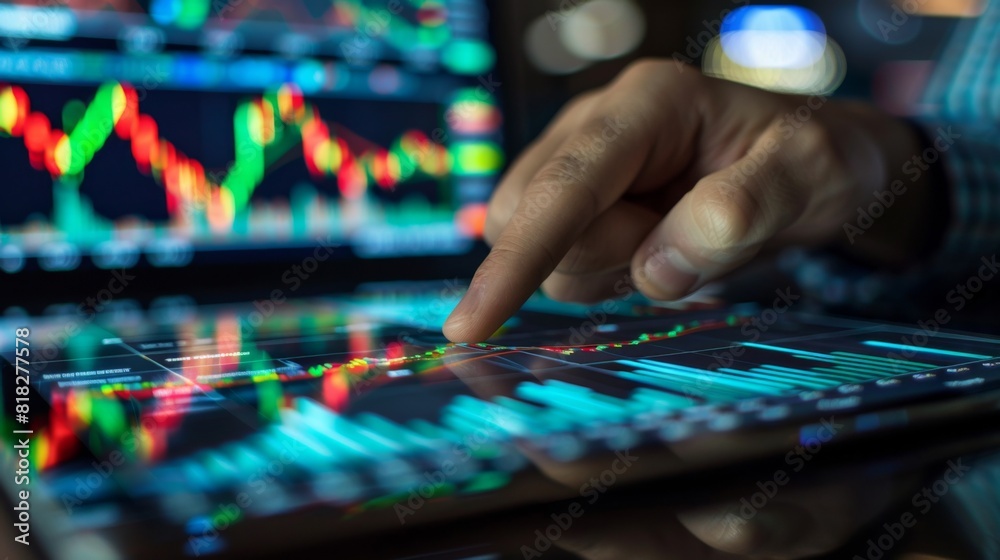 Hand with a tablet displaying financial data and graphs, finger pointing, active stock exchange background Hand with a tablet displaying financial data and graphs, finger pointing, active stock exchange background