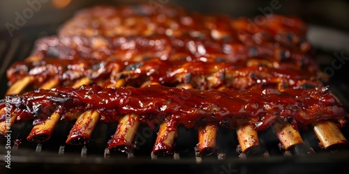 Tender and Caramelized Slowcooked BBQ Pork Ribs in Sauce. Concept Slow cooking, BBQ pork ribs, tender meat, caramelized sauce, savory flavors photo
