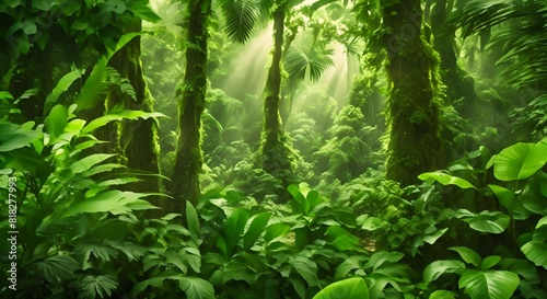 A captivating photo capturing the vibrantly green forest teeming with a variety of flourishing plants A lush tropical jungle with vibrant greenery photo