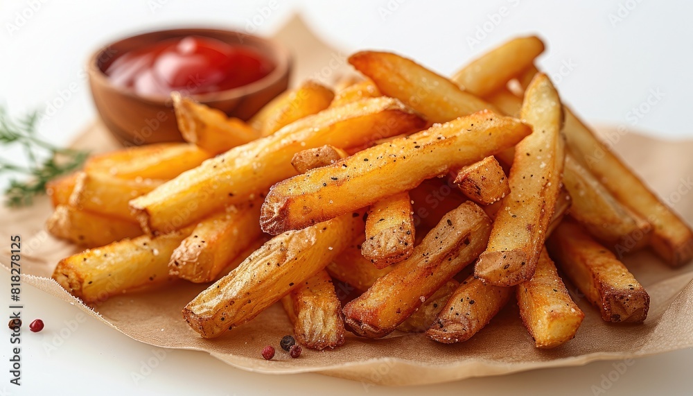 Crispy golden French fries served with a side of tangy ketchup, seasoned to perfection and ready to enjoy. A delicious snack or side dish! Crispy golden French fries served with a side of tangy ketchup, seasoned to perfection and ready to enjoy. A delicious snack or side dish!