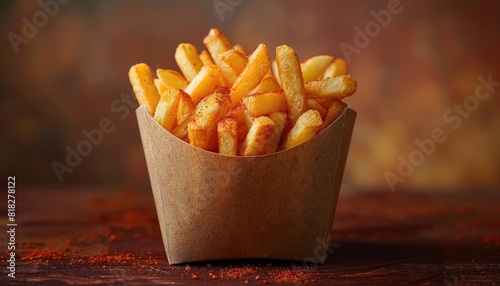 Crispy golden French fries served in a cardboard container  perfect for fast food lovers and snack enthusiasts. Tasty and appetizing side dish.