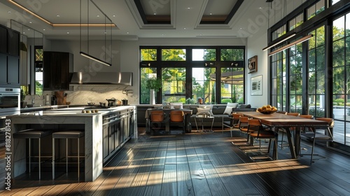 High-detail illustration of a kitchen with a contemporary design, featuring dark wood floors and an open-plan layout © G.Go