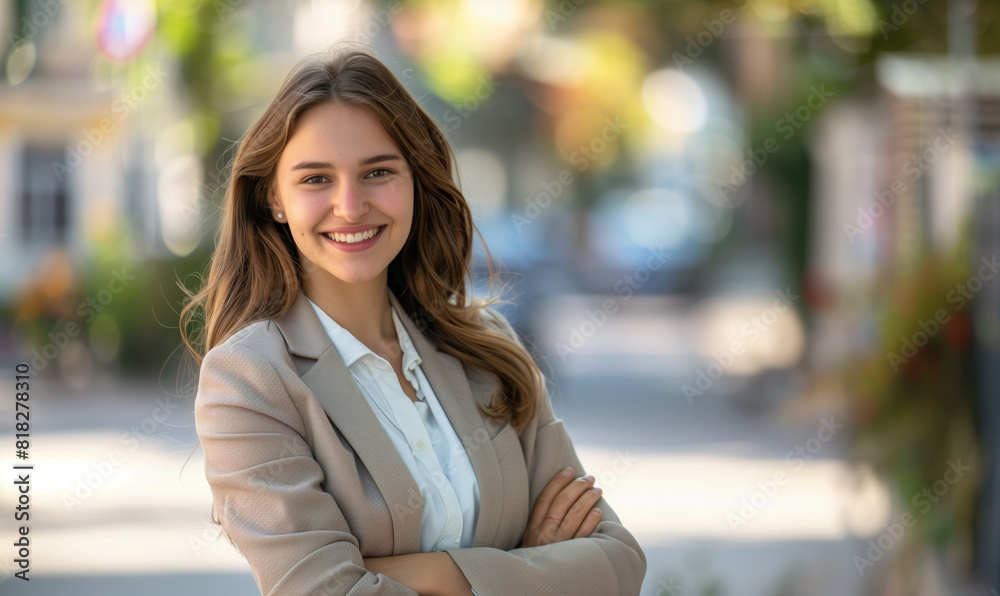 A young, smiling and confident business woman stands on the street with her arms crossed on her chest. Her look radiates positive energy and self-confidence. A young, smiling and confident business woman stands on the street with her arms crossed on her chest. Her look radiates positive energy and self-confidence.