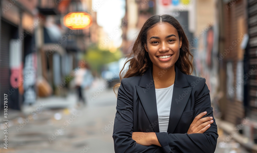 A young, smiling and confident business woman stands on the street with her arms crossed on her chest. Her look radiates positive energy and self-confidence. A young, smiling and confident business woman stands on the street with her arms crossed on her chest. Her look radiates positive energy and self-confidence.