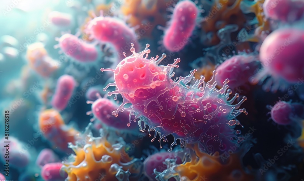 Naklejka premium Macro shot of colorful microscopic organisms or bacteria, with pink and orange hues, showcasing biological diversity and texture.