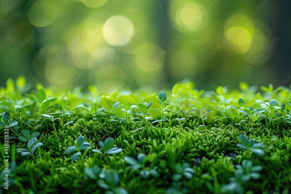 Macro shot of lush green moss and small plants with a beautiful blurred forest background, perfect for nature and botanical themes.