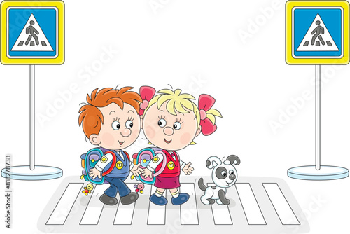 Cheerful little schoolboy and schoolgirl with backpacks going to their school on a zebra crossing, vector cartoon illustration isolated on a white background