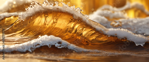 Close-up, storm waves with foam on surface of golden drink similar to beer, banner background