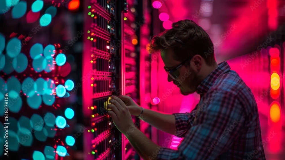 Fototapeta premium High-detail photo of a technician upgrading firmware on cloud servers in a data center