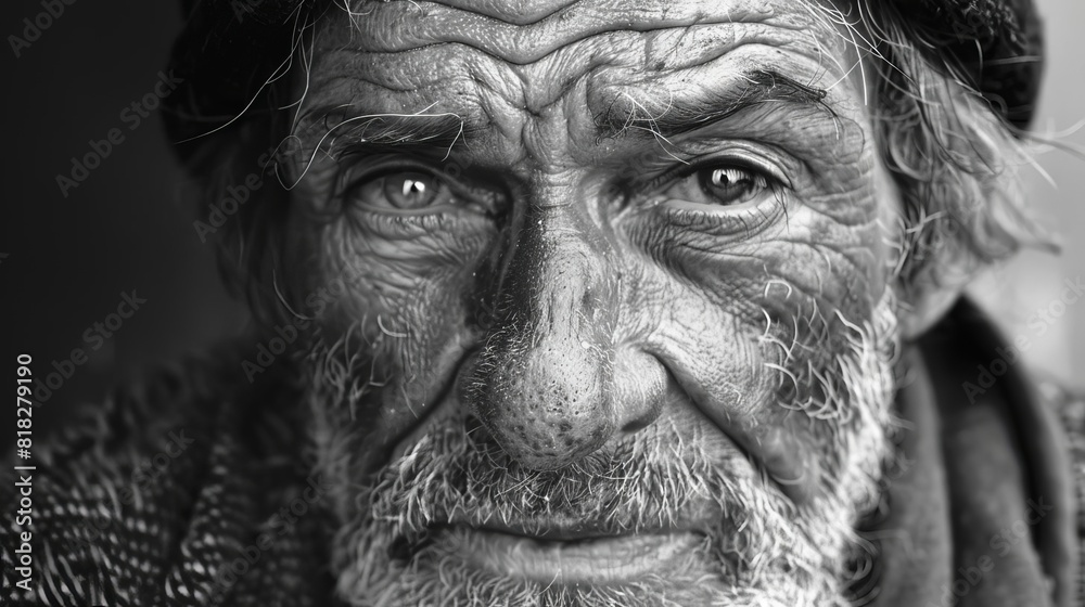homeless mans weathered face black and white portrait capturing hardship homeless mans weathered face black and white portrait capturing hardship