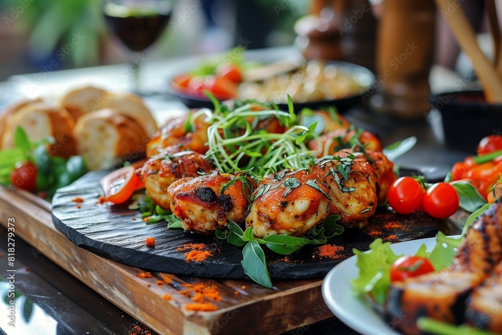 Succulent grilled chicken breasts topped with herbs and served with vegetables on a rustic wooden board Succulent grilled chicken breasts topped with herbs and served with vegetables on a rustic wooden board