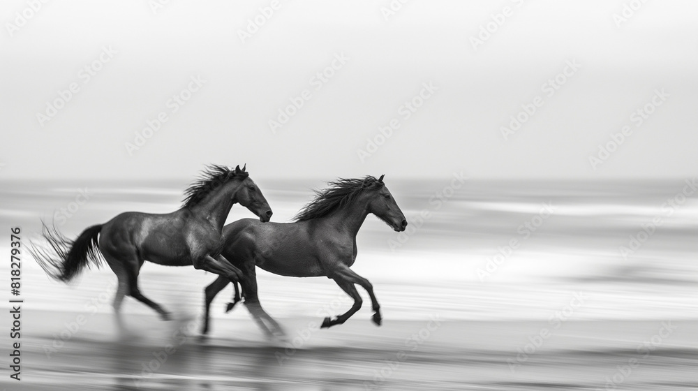 Black horses running on the beach in motion blur with long exposure banner, black and white photography with copy space. Black horses running on the beach in motion blur with long exposure banner, black and white photography with copy space.