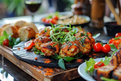 Succulent grilled chicken breasts topped with herbs and served with vegetables on a rustic wooden board