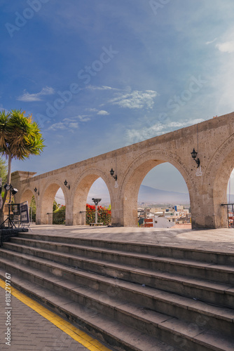 Los Arcos de la Plaza Yanahuara y el Volcán Misti al fondo - escritos en los arcos son citas de personajes famosos de la ciudad - Arequipa, Perú photo
