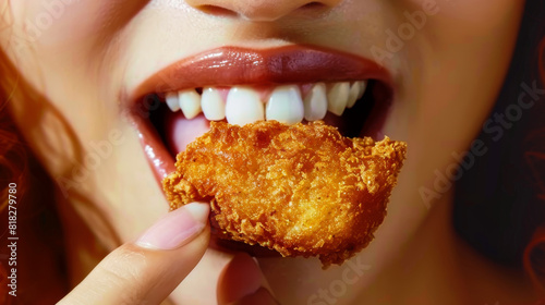 A woman is eating a piece of fried chicken. Concept of indulgence and enjoyment, as the woman is savoring the crispy, golden-brown chicken. The close-up view of her mouth © Image-Love