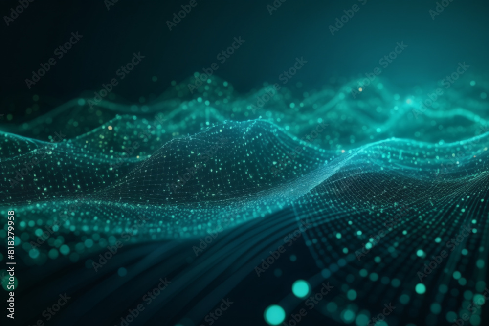 Obraz premium An abstract tech backdrop featuring a cyber network grid and interconnected particles. Artificial neural networks, worldwide data links