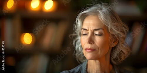 Woman in her forties meditates at home  eyes closed  relaxing body and mind. Concept Meditation  Wellness  Relaxation  Home Activities  Mindfulness