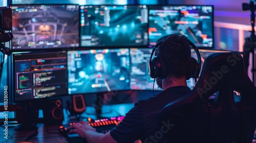 Gamer Streaming Live Session with Multiple Monitors Displaying Game Stats and Chat Interactions - Ideal for Esports, Gaming Events, and Online Communities