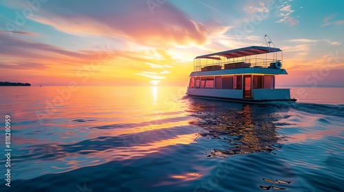 cozy houseboat gently rocking on calm ocean waves during stunning sunset warm glow reflection