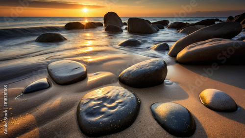 Tranquil Beach Scene with Colorful Pebbles and Clear Blue Water at Sunset Ai generative