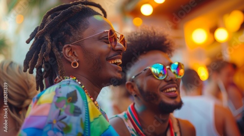 LGBTQ couples mingling at a community event, engaging in lively conversations and laughter