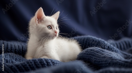 Dreamy Scene of a White Kitten on a Deep Navy Background  Showcased in Full Ultra HD with a Realistic Furry Texture