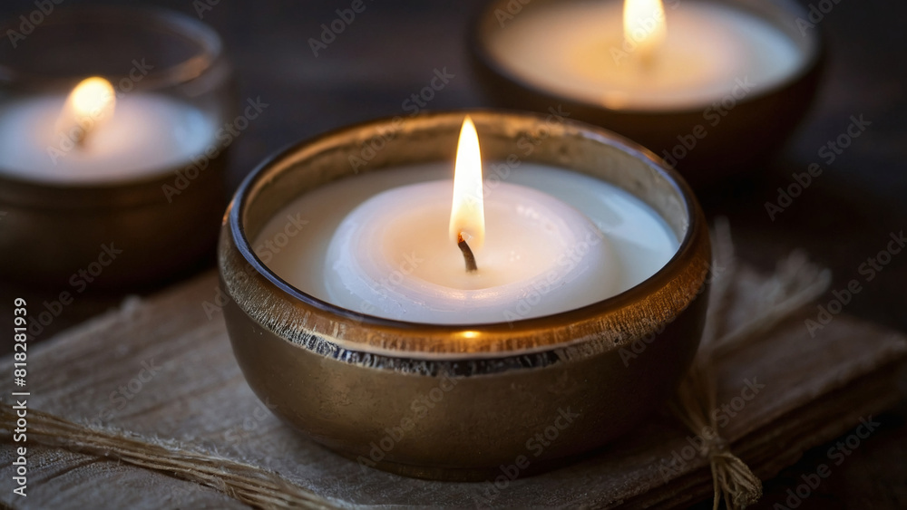 Against an abstract black background, candles burn brightly in close-up, creating a contemplative, festive mood. Holiday concept, Generative AI Against an abstract black background, candles burn brightly in close-up, creating a contemplative, festive mood. Holiday concept, Generative AI
