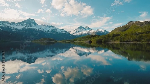 tranquil lake reflecting majestic snowcapped mountains idyllic landscape scenery