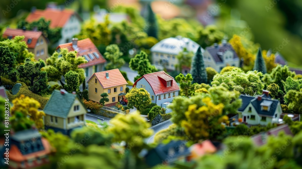 miniature city with intricate houses and lush trees selective focus evoking futuristic technology concept