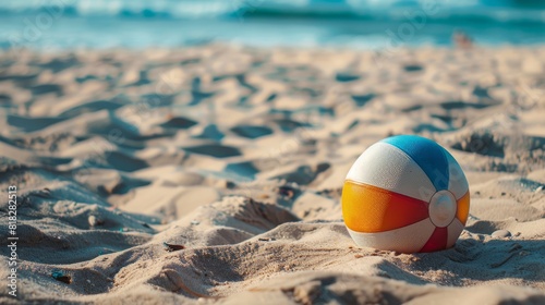 Colorful beach ball resting on sandy shore with ocean waves in the background  evoking a summer vacation atmosphere.