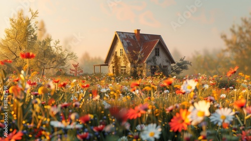 Charming countryside cottage surrounded by a vibrant flower meadow  bathed in warm sunlight  creating a picturesque and serene landscape.