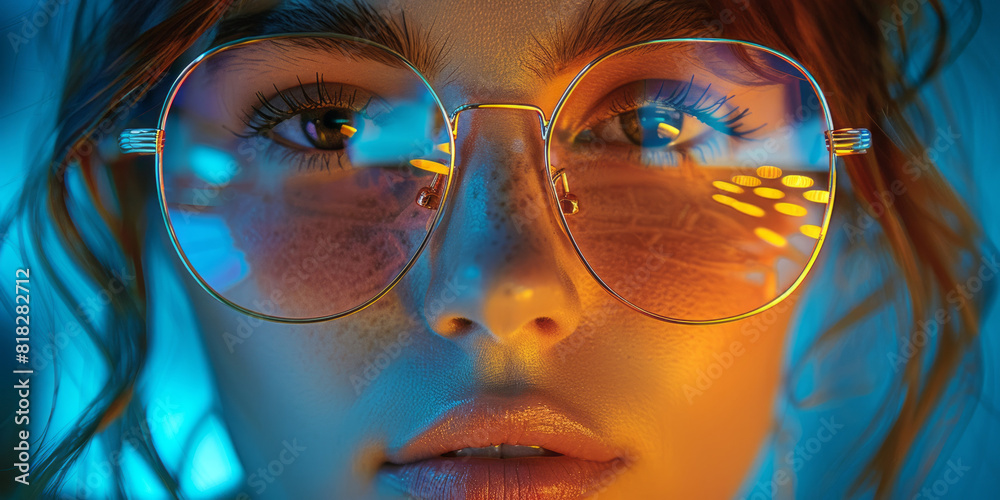 Detailed view of a persons face with glasses Detailed view of a persons face with glasses