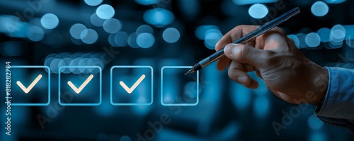 Hand holding a pen marking checklist with blue glowing checkmarks, representing task completion and productivity in an abstract background.