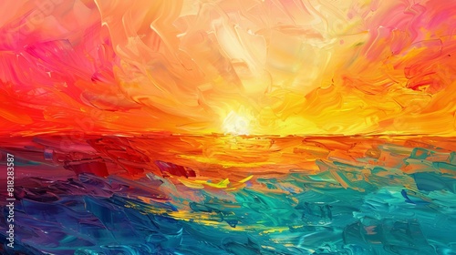 vibrant abstract ocean sunset painting with colorful brushstrokes and wavy texture digital art