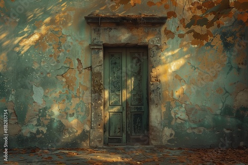 Old-Fashioned Doorway with Olive Green Art Details in a Dry, Hot Setting, Enhanced by Soft Morning Light