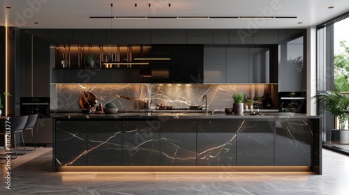 Modern kitchen interior featuring glossy cabinets, quartz countertops, and recessed lighting