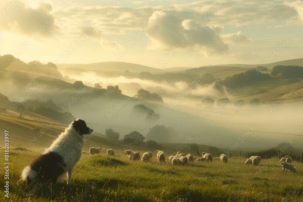 Obraz premium Serene Morning in Meadow with Sheepdog Watching Over Flock, Fog Rolling Over Hills - Perfect for Nature Posters and Wall Art
