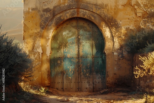 Old-Fashioned Doorway with Olive Green Art Details in a Dry  Hot Setting  Enhanced by Soft Morning Light