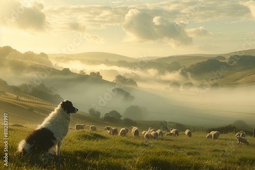 Serene Morning in Meadow with Sheepdog Watching Over Flock, Fog Rolling Over Hills - Perfect for Nature Posters and Wall Art